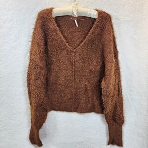 Free People Chocolate Brown Eyelash Sweater Women Small Fuzzy Oversize Soft Cozy